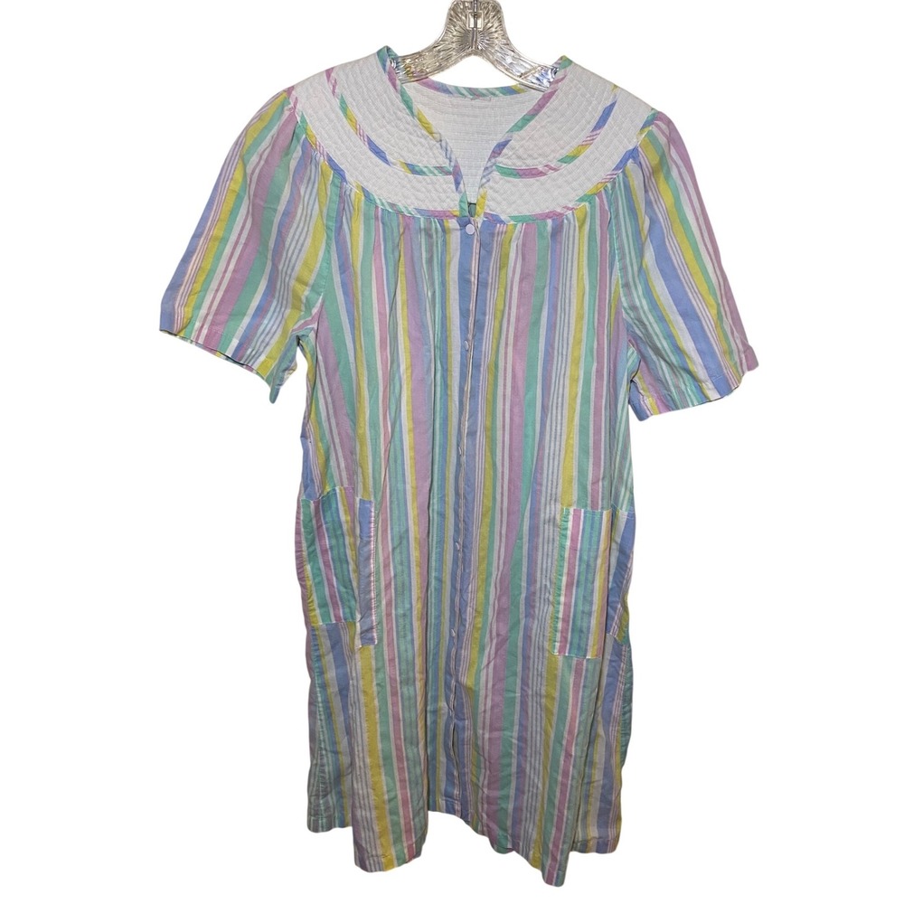 Vintage Pastel Rainbow Stripe Snap Front House Dress Duster Robe Pockets L